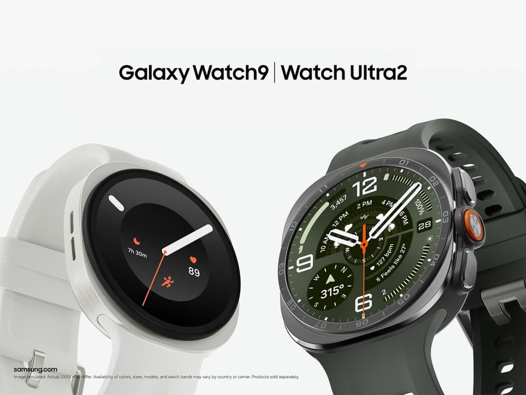 Galaxy Watch9 e Galaxy Watch Ultra2 exibidos lado a lado em imagem oficial de produto