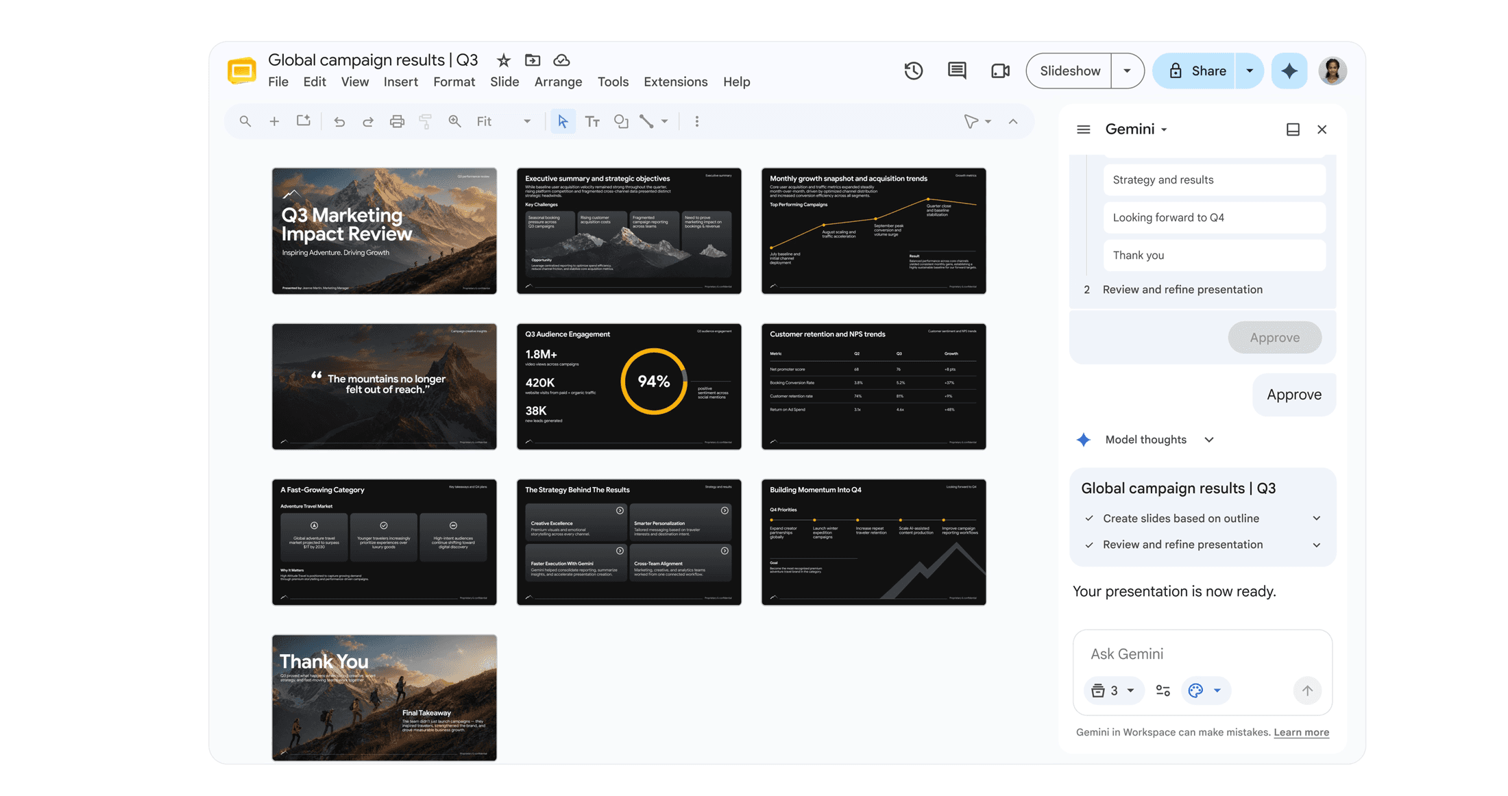 Google Slides com uma apresentação criada e o painel lateral do Gemini aberto