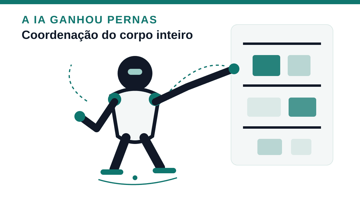 Infográfico editorial de um robô humanoide coordenando equilíbrio, alcance e movimento diante de uma prateleira