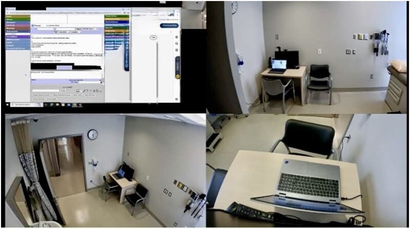Figura do estudo mostrando o prontuário eletrônico e quatro ângulos do laboratório de consultas simuladas