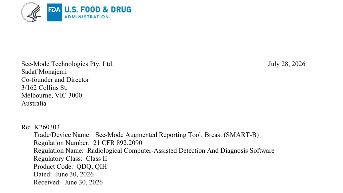 Recorte da carta FDA K260303 com See-Mode, SMART-B, data de 28 de julho de 2026 e classificação II