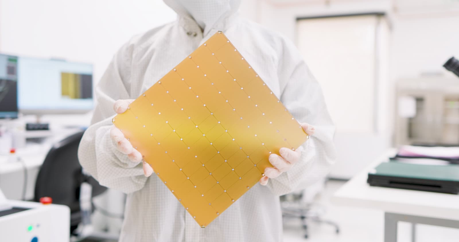 Técnico de sala limpa segura o grande Wafer-Scale Engine dourado da Cerebras