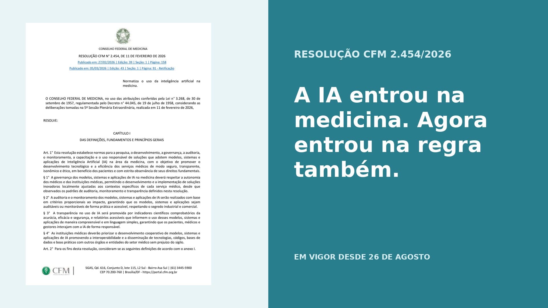 Primeira página da Resolução CFM 2.454 de 2026 ao lado do título A IA entrou na medicina. Agora entrou na regra também